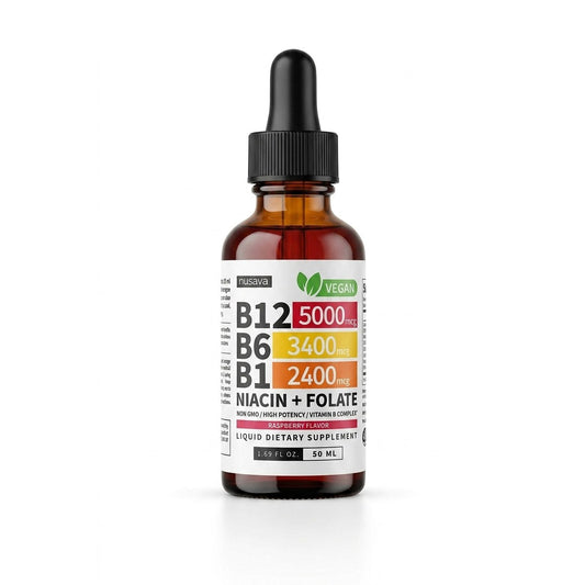 Vitaminas B12 5000mcg + B6 + B1 + Niacina y Folato · Gotas Líquidas Sabor Frambuesa | Top Tech